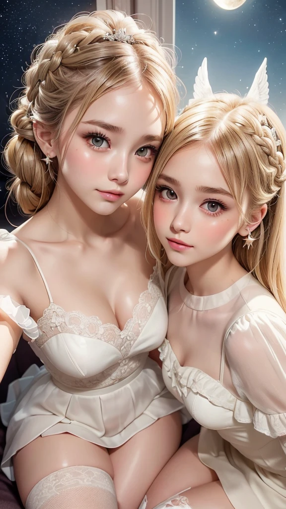 (Two beautiful girls:1.3), ((Best Quality)), ((masterpiece)), (detailed), (French braid), (blonde hair), Romantic low bun, Elbow gloves, Small breasts, vintage slip, knee high socks with frill, (Blushed), (cheek:1.3), shame, Confused, earrings, Silky white skin, Thin eyebrows, (angel halo above the head:1.1), (angel's wing), dark background, stars, moon