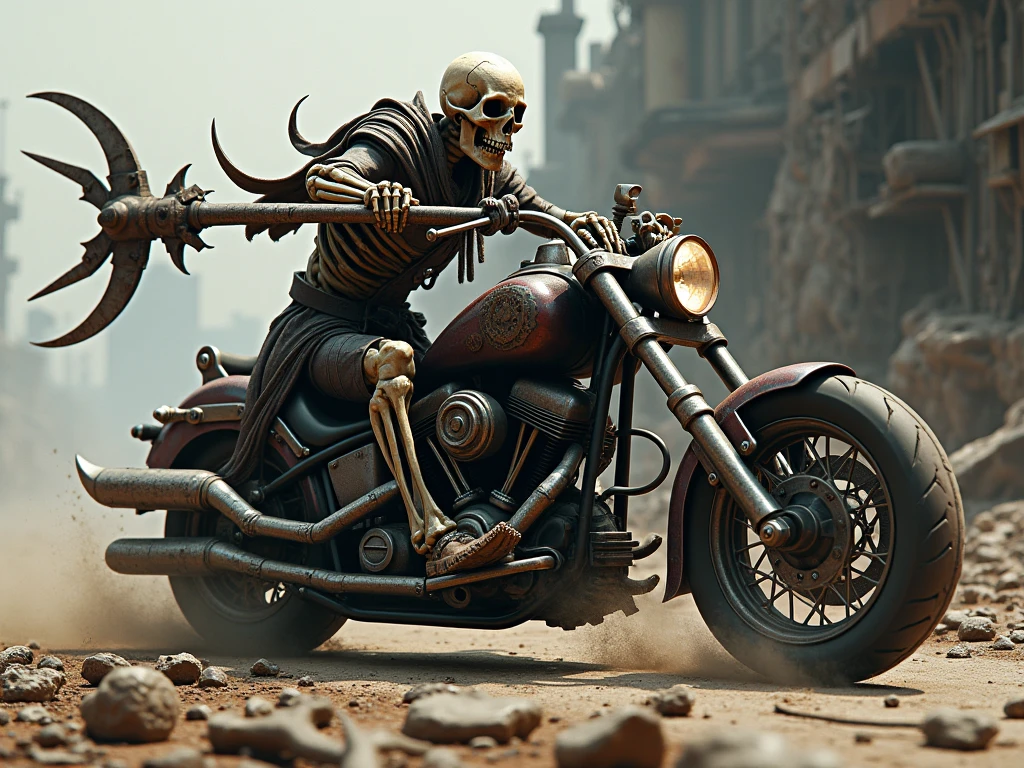 A barbarian man warrior sitting in a big rock in middle desert, in the ground many skeleton, he have a big hammer, and next him a rustic motorcycle, in background many Condor's are in the ground. Perfect design, master ñiece, high texture, high details, Cinema style, hdr, light and shadows.