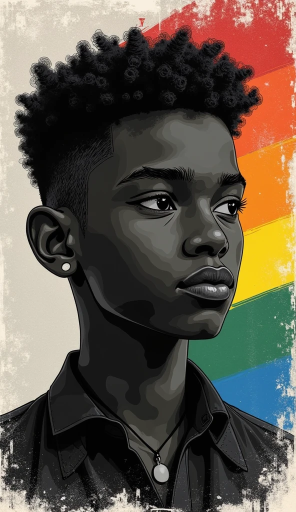 Make the cover of a book about a black teenager with the base color black and white in a realistic style, a rustic and old style, the front of the boy must have the following words student dream written in Portuguese and it is the background of it must have the LGBT rainbow flag, a rustic but at the same time modern style, no teenager looking like a 17-year-old black, black and white with a base and small hair
