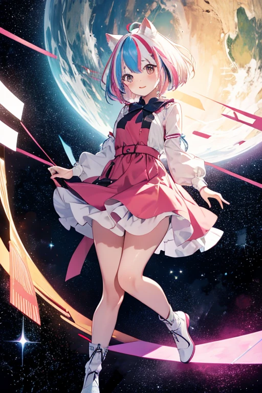 (Perfect body),Best Quality,(8K Portrait),(Official art)、NSFW、(((((Lori)))))、((((Wavy mouth))))、(((:o)))、(((blush))),(((((flat chest)))))、small tits、((Big ass))、((Pink hair),((Short hair))、waved hair、(Orange Eyes)、((((thick thighs))))、((White bodysuit))、(((pink ruffle skirt)))、(Armpits)、(((((Short stature)))))、(((Jumping)))、(((Light blue striped panties)))、((Nekomimi))、((headphones))、Cowboy Shot、Clasping hands、cosmic space