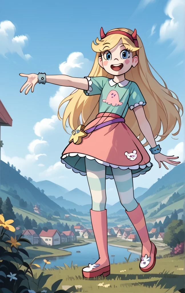 (masterpiece, best quality, high resolution:1.4), 1girl, woman, star butterfly, happy, cloud outfit, pouch, horn_hairband, looking at viewer, pantyhose, nose, full body shot , Full shot 