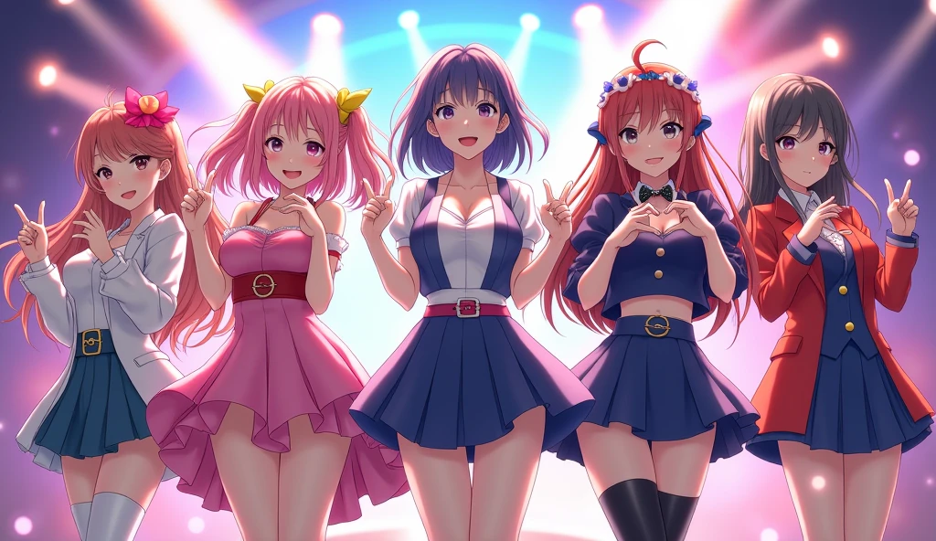 Dynamic Angle, ((((Detailed eyes and detailed face: 1.2)))))), (((Perfect human hand, super detailed human 5 fingers)))), ((Perfect human foot)), Upper body, 1 or 2 girls, Smile, Wolf ears, Wolf tail, Pink eyes, Hair between eyes, (Wink)))), D Cup, cleavage, Striped hair, (Colorful hair color: 1)))))), (( Random hair color: 1))), variegated hairstyles: 1, twin tails, ultra-detailed gradient hair, (((T-shirt with the kagenari logo))), professional designer, fashion leader, ruffled dress, sneakers, love live, jewelry, backstage, best stage, climax, professional stage, ((holding the microphone with your left hand and singing emotionally, Overflowing emotions, the best smile))), singers, vocalists: 1, idols, divas, professional stage, professional lighting, live lighting, distracting, fan service: 1, ((satellite photo seen from the audience)))), ((((Panchira, cute panties))))