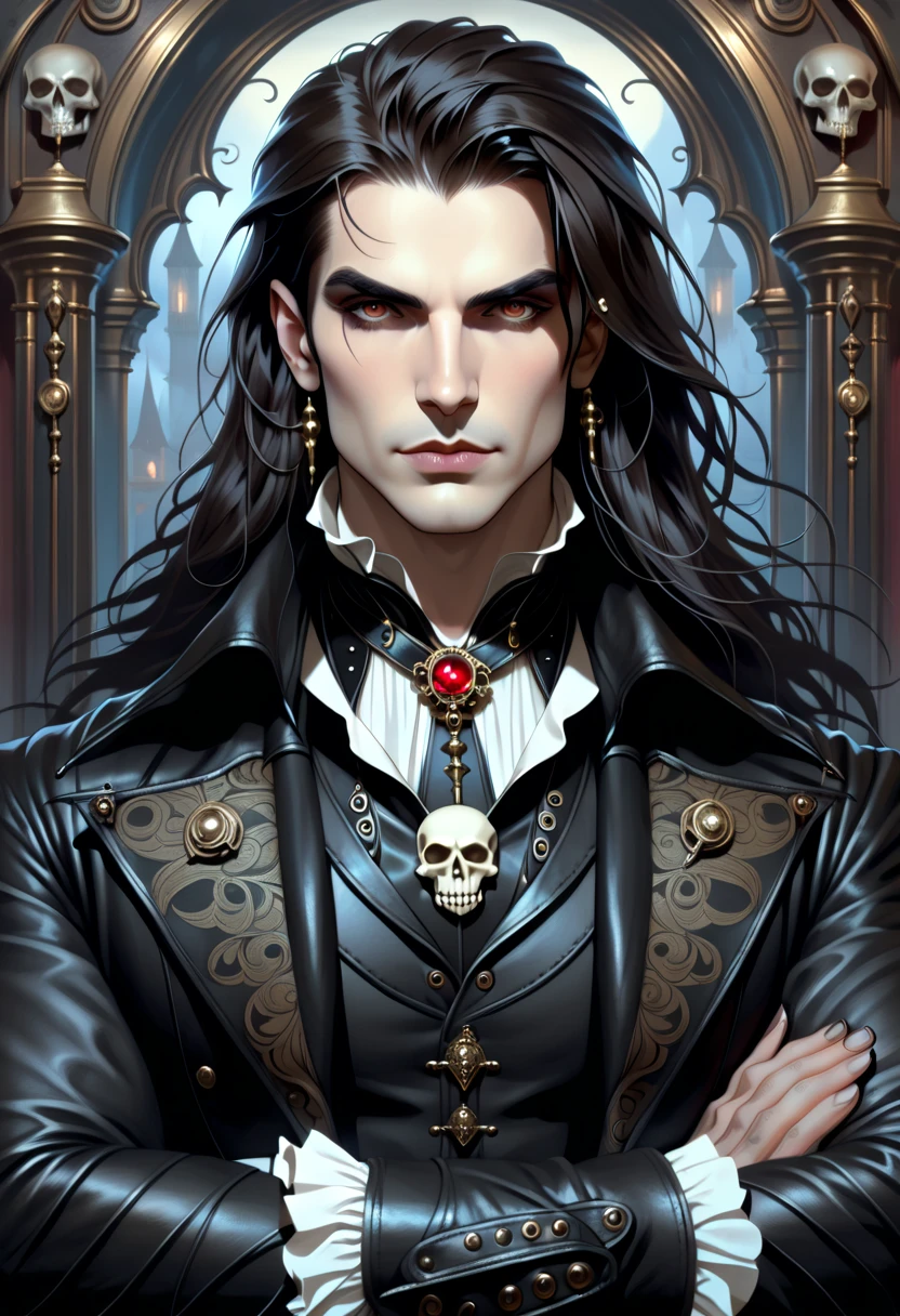 arafed man with long hair wearing a leather jacket and a skull, steampunk male portrait, darius zawadzki and tom bagshaw, fantasy male portrait, male vampire, victorian vampire, victorian goth, artstyle tom bagshaw, style of tom bagshaw, tom bagshaw donato giancola, gothic regal, handsome male vampire, dark fantasy portrait