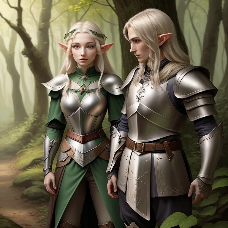 (Elf man with dark brown skin and green eyes), (Elf woman with white hair and grey eyes), (Details of flowers and roots on their bodies), Man And Woman, a few elves next to each other with their hands close together in a forest with a lake in the background, highest quality, 4K, 8K, unreal engine, RPG-Character, Illustration, extremely detailed, professional details, first work, illustrative characters, artistry.