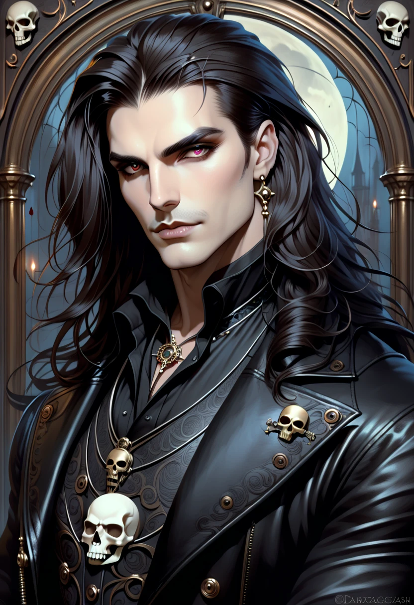 arafed man with long hair wearing a leather jacket and a skull, steampunk male portrait, darius zawadzki and tom bagshaw, fantasy male portrait, male vampire, victorian vampire, victorian goth, artstyle tom bagshaw, style of tom bagshaw, tom bagshaw donato giancola, gothic regal, handsome male vampire, dark fantasy portrait