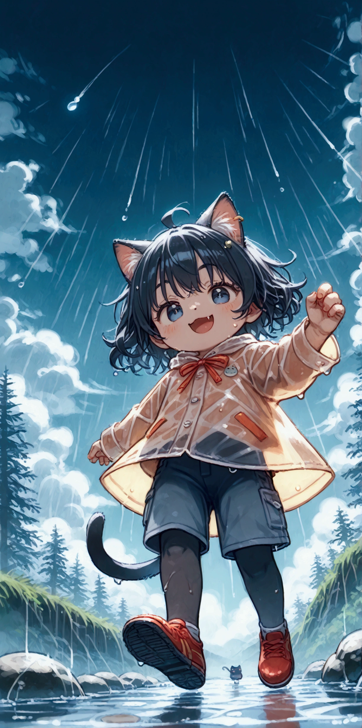 heavy storm,wind,(heavy rain:1.3), (big raindrops:1.3), (rainy sky),(many Circular ripples:1.3) of water. 1girl/((catgirl:1.3),(furry:1.2),kemono,(chibi:1.2),cat ear,cat eye,cute, kawaii,hair floating, hair shining brightly, curly hair, short hair, messy hair, eye color cosmic, big eyes, (dynamic angle:1.4),(from below:1.4), long shot,short pants,(Walking:1.5) dynamically, (steps:1.3), skipping, (walk heavy steps:1.4),(big smile:1.3),open mouth,fangs,wet hair, wet, cute raincoat,happy,dynamic,in distance,full body,floating\). BREAK .background\(heavy rain, dark sky, beautiful waterdrops, long shot\),(from below:1.7),(ground level shot:1.7),(from directly below:1.7). score_9, score_8_up, score_7_up, score_6_up, score_5_up, score_4_up, source_anime,source_furry,rating_safe,rating_questionable,masterpiece, best quality, perfect anatomy , very aesthetic , absurdres,,realistic rain, high speed shutter, (fisheye lens), (focus on waterdrops), (landscape of sky:1.5), (dynamic angle:1.3),(long shot),(wide shot)