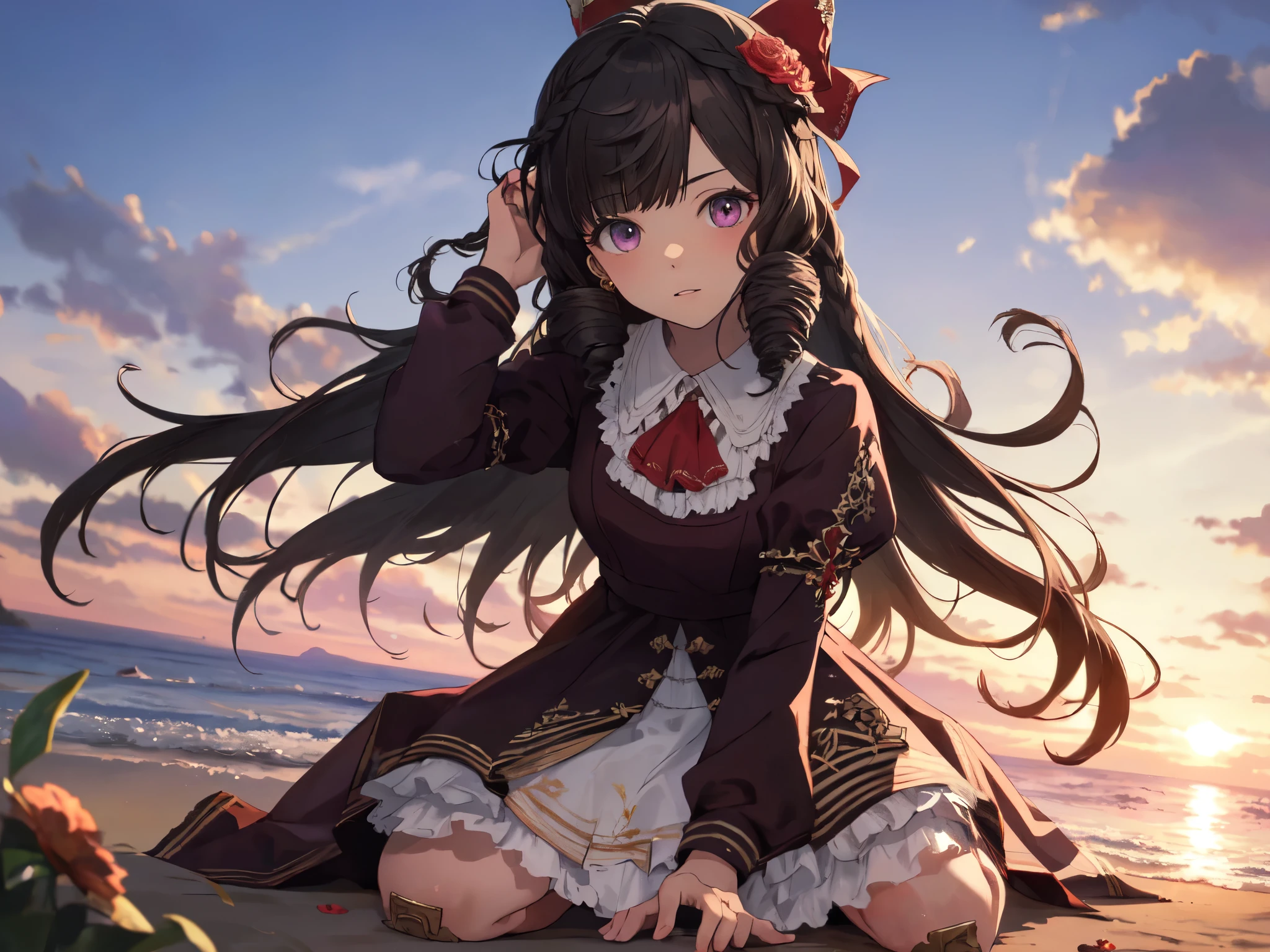 Solo, 1 girl, (human ear, earring), (flat chest), (black hair, vertical rolls, long hair, hair tied in a big red ribbon, flower in bangs), (facial), (kneeling, bending over, hands on head, looking at camera), (wearing dress), (sunset sky, evening sun, evening sky, beachside), (focus on chest, oblique angle), (high resolution, masterpiece, accurate, anatomically correct, multiple awards, top quality, detailed, high quality model, high quality, quality, retina, highly detailed, textured skin, ultra high resolution).