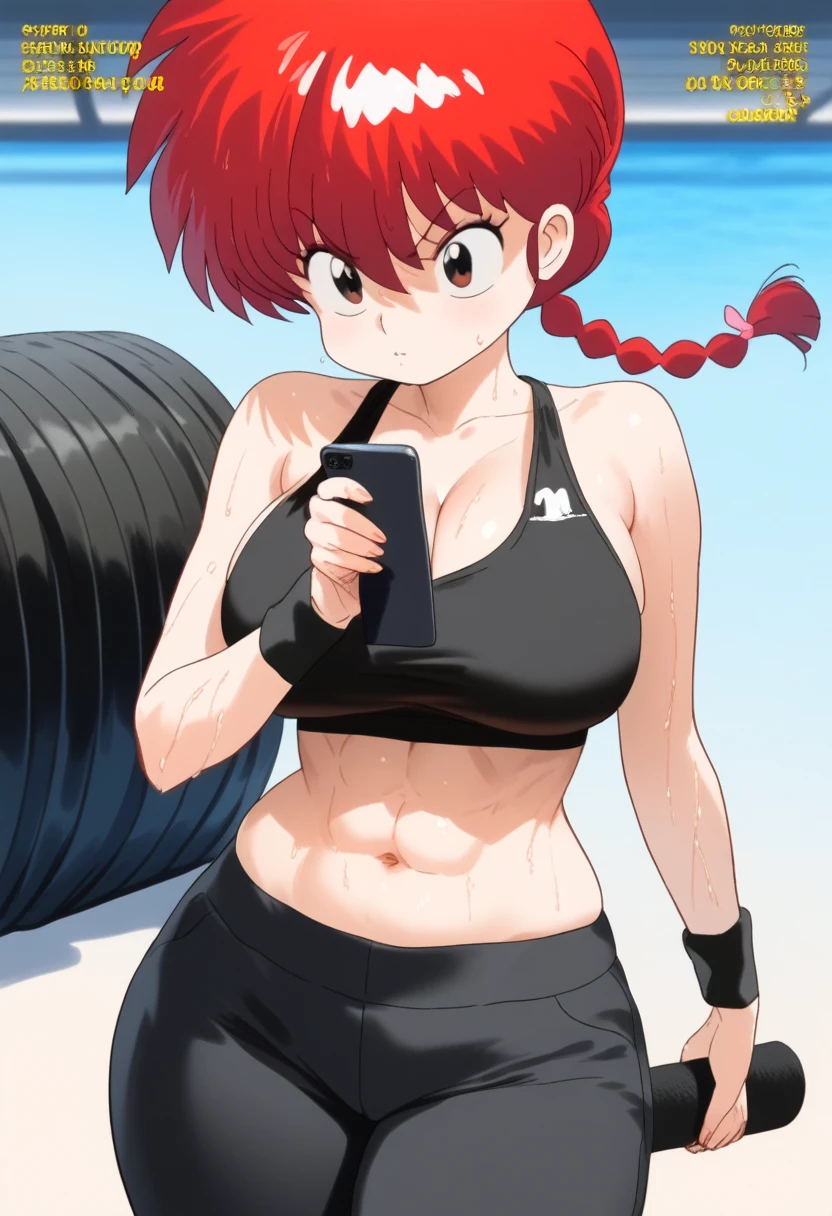  Ranma saotome , red hair, braided hair, Big boobs, NSFW, abdomen sexy, beautiful face, pose sexy,  Beautiful woman, fullbody, workout clothes, black exercise top,  black shorts,  bare navel ,  thick thighs , sweat,  value leaving the body, strong abdomen and marked , (hard abs :0.9), tired,  playing with cleavage with hand,  shaking clothes 