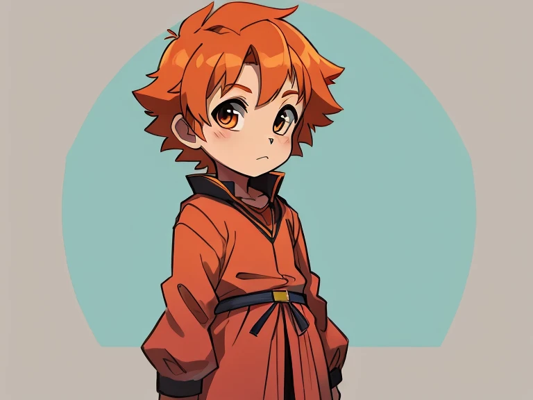 Shota boy with orange hair, detailed body, nice background clothes, high quality 