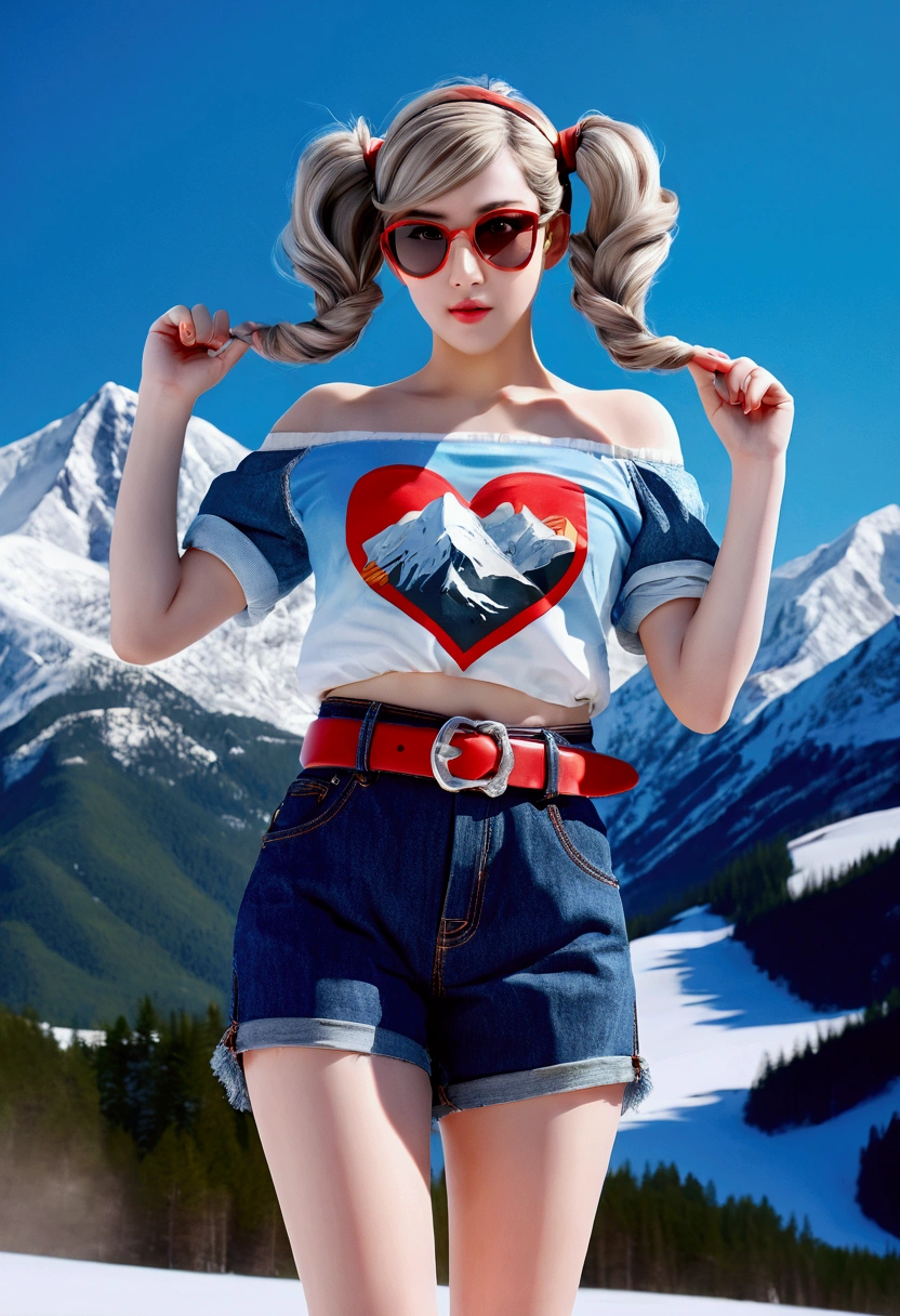 p5sAnn, twintails, hairclip, sunglasses, eyewear on head, heart earrings, tied shirt, print shirt, off shoulder, wristband, midriff, red belt, belt buckle, denim shorts. Snowy mountain background. (Ultra-realistic, 32k, Masterpiece, High Quality, Detailed Realistic Background, Official Art, Realistic Lighting, filmfotos, film grain, reversal film photography)