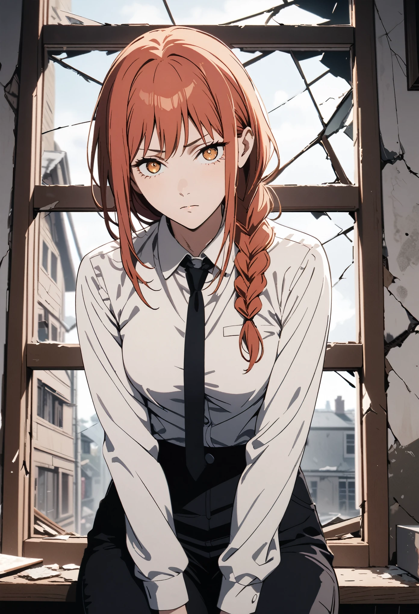 extremely detailed CG, high resolution, best quality, masterpiece. A representation of Makima from chainsaw man. She has red hair, braided hair and fringe. She has golden eyes. She has medium breasts. She is wearing a white long sleeve shirt, a black tie, and black pants. She is watching at the viewer with a serious expression. She is posing next to a broken window. 