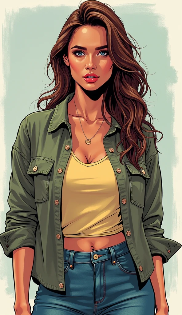 Tanned skin young woman in a leather jacket, clearly defined grey eyes, long dark brown hair, serious face