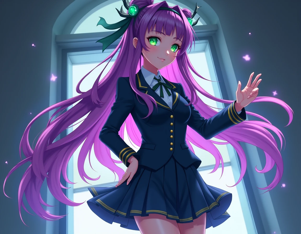  A tall girl with long purple hair with emerald eyes with a large face,  with a slender body and a big butt . She has 1, 90m and she designs in anime style to do it with school clothes by Isekai .  She persists to be very attractive because she is a succubus . Her age is 19 years .