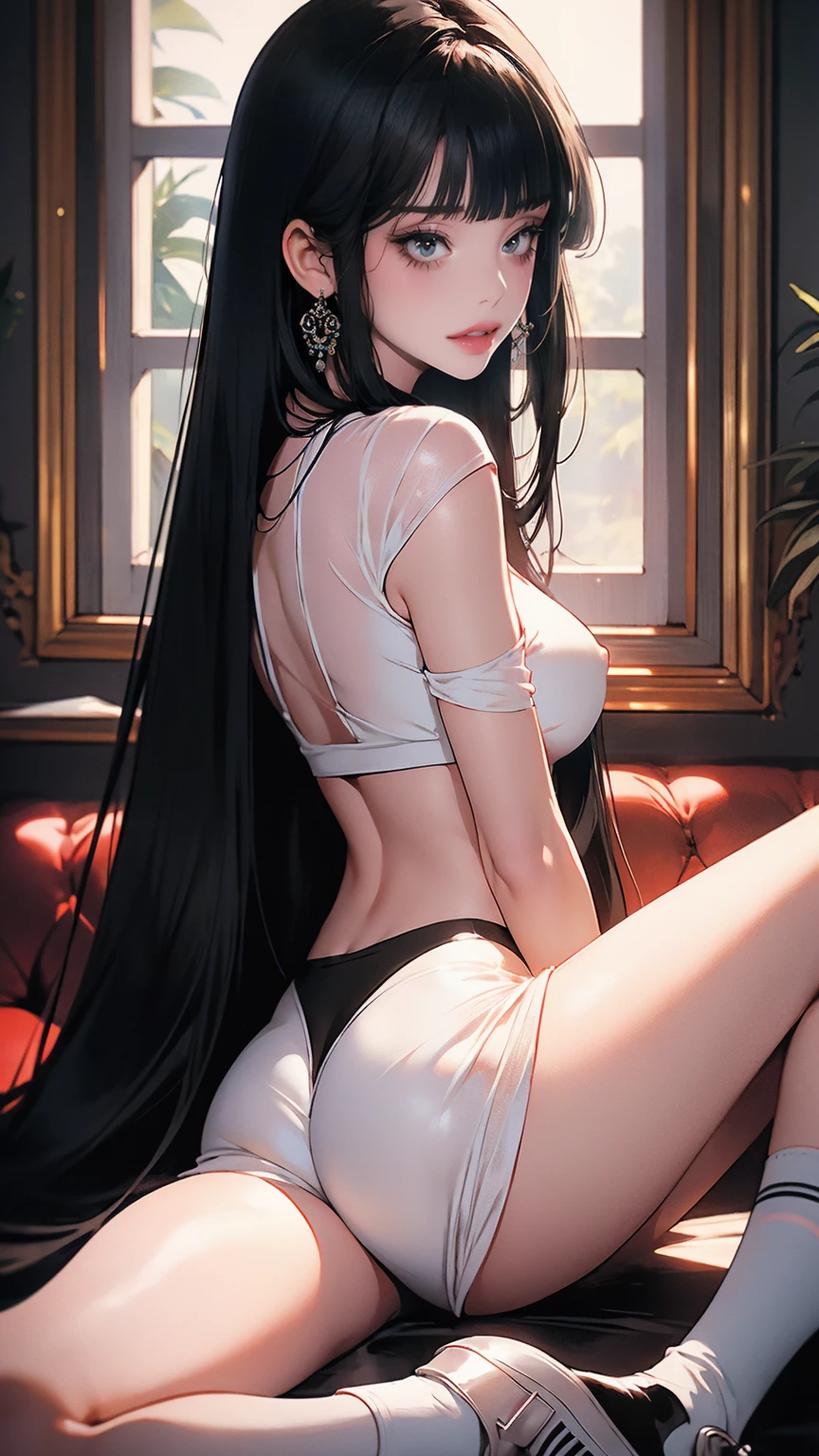 ( best quality:1.2)、(masterpiece:1.2), ( Max Image:1.2), (Nipples, belly button), (from behind:1.3),  see-through clothes , ( Black Hair Long Straight Hair :1.3), (Lie down、 open legs:1.2), ( Long Thin Legs , shoes:1.2), (Juheedef, black hair, grey eyes), (ahegao), (Sensual face:1.3), (( open her mouth :1.2)), ( drool ), The whole face becomes red,  big, rich breasts , (Blunt Bangs:1.2),  side bust 、 underbust pose、Walk through a simple mansion&#39;corridor、 Play、 simple background