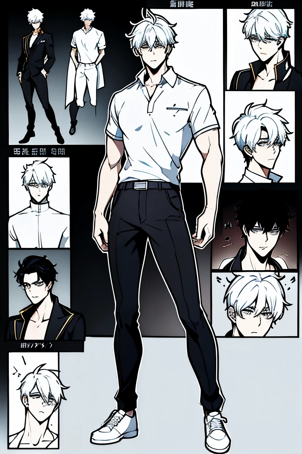 Go Eunhyuk from the Webtoon called Operation True Love, concept art, character concept, handsome main character, white shirt with short sleeves, white polo, black unifrom blazer on his shoulders, black pants, white shoes, ((school uniform)) full body, character sheet