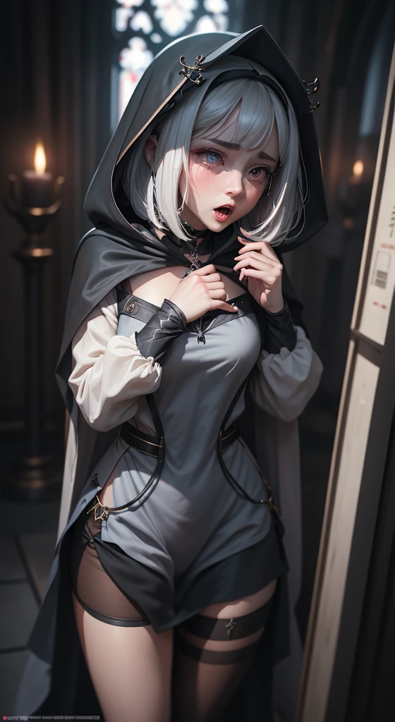 short bob, Straight,  beautiful 20-year-old woman with pale skin ,  brooding appearance ,  Dressed in a white-blue cathedral costume with hood,  dynamic pose, ambient lighting, photorealisim,  complex facial details ,  detailed hands,  highly detailed ,  vivid colors, cinematic,  high resolution, Art Station Trends - Style Row， full body Esbian ， colossal  ， black pantyhose ，Short skirt，Pubic hair is visible， painful face ，red blush，Crying face，Open your mouth slightly ，sexy Pose， A man rubs my chest ，