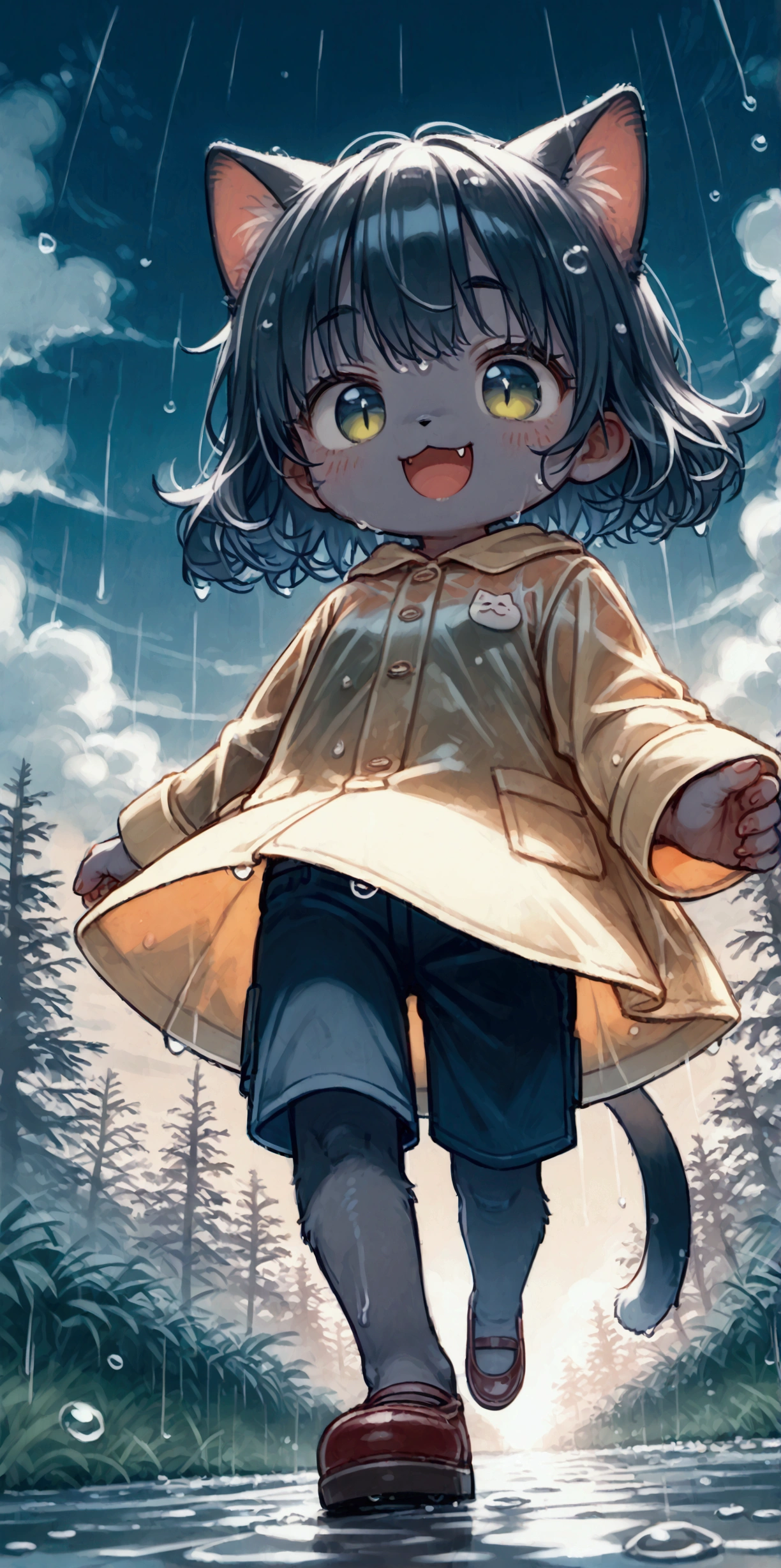 heavy storm,wind,(heavy rain:1.3), (big raindrops:1.4), (rainy sky),(many Circular ripples:1.3) of rain. 1girl/((catgirl:1.3),(furry:1.2),kemono,(chibi:1.2),cat ear,cat eye,cute, kawaii,hair floating, hair shining brightly, curly hair, short hair, messy hair, eye color cosmic, big eyes, (dynamic angle:1.4),(from below:1.4), long shot,short pants,(Walking:1.5) dynamically, (steps:1.3), skipping, (walk heavy steps:1.4),(big smile:1.3),open mouth,fangs,wet hair, wet, cute raincoat,happy,dynamic,in distance,full body,floating\). BREAK .background\(heavy rain, dark sky, beautiful waterdrops, long shot\),(from below:1.7),(ground level shot:1.7),(from directly below:1.7). score_9, score_8_up, score_7_up, score_6_up, score_5_up, score_4_up, source_anime,source_furry,rating_safe,rating_questionable,masterpiece, best quality, perfect anatomy , very aesthetic , absurdres,,realistic rain, high speed shutter, (fisheye lens), (focus on waterdrops), (landscape of sky:1.5), (dynamic angle:1.3),(long shot),(wide shot)