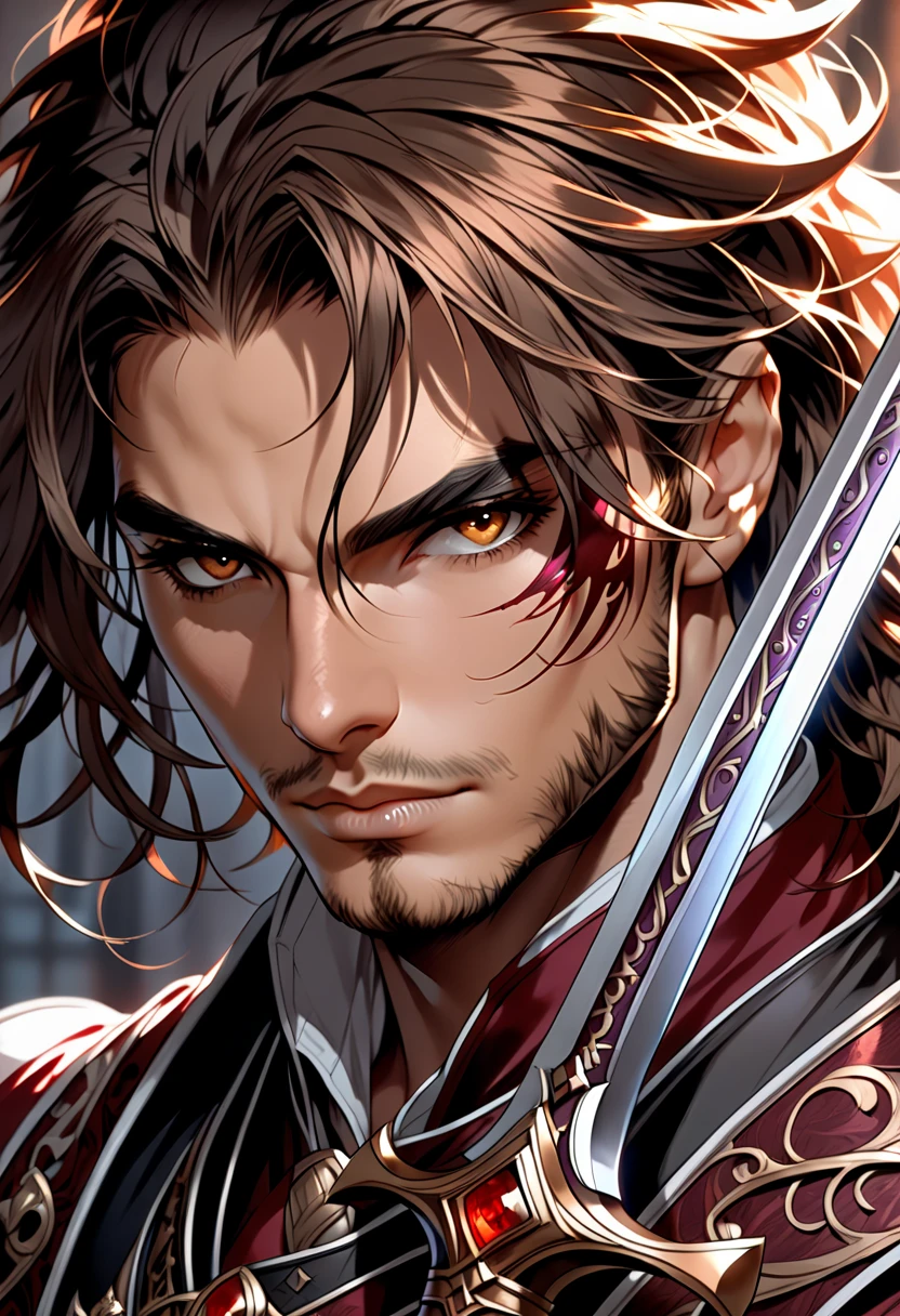  a close-up of a person with a sword in a dark room, epic RPG portrait ,   portrait of a blood-borne hunter  ,  detailed anime character art,  close-up of an artist , Graphic designer Magali Villeneuve , Epic exquisite character art,   close-up portrait of a magician  , from Yang J,  fantasy male portrait , detailed character portrait,  detailed digital anime art 