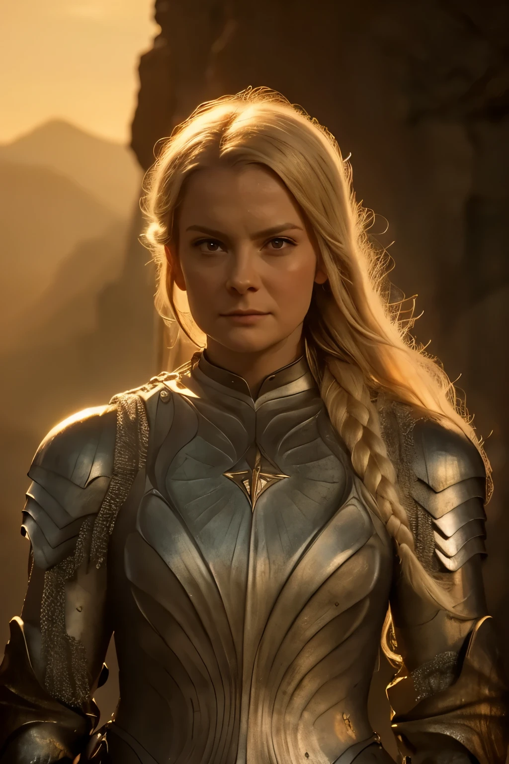 Galadriel, inspired by the series "The Rings of Power", (((L4L4 face))), in a majestic pose at the center of the scene , wearing shimmering armor and elven details, with its blond hair flowing under a golden light . The background shows an epic landscape of golden Middle Earth , with distant mountains , dramatic sky and beams of heavenly light . Determined expression and intense gaze , capturing your strength and wisdom . Hyper-realistic details on the face and hands , metal texture of the highly detailed armor , skin illuminated with perfection , cinematic atmosphere , epic and glorious . natural light, 35mm photograph, film, professional, 4K, highly detailed, Golden hour lighting. Depth of field F2. Rule of Thirds Composition.