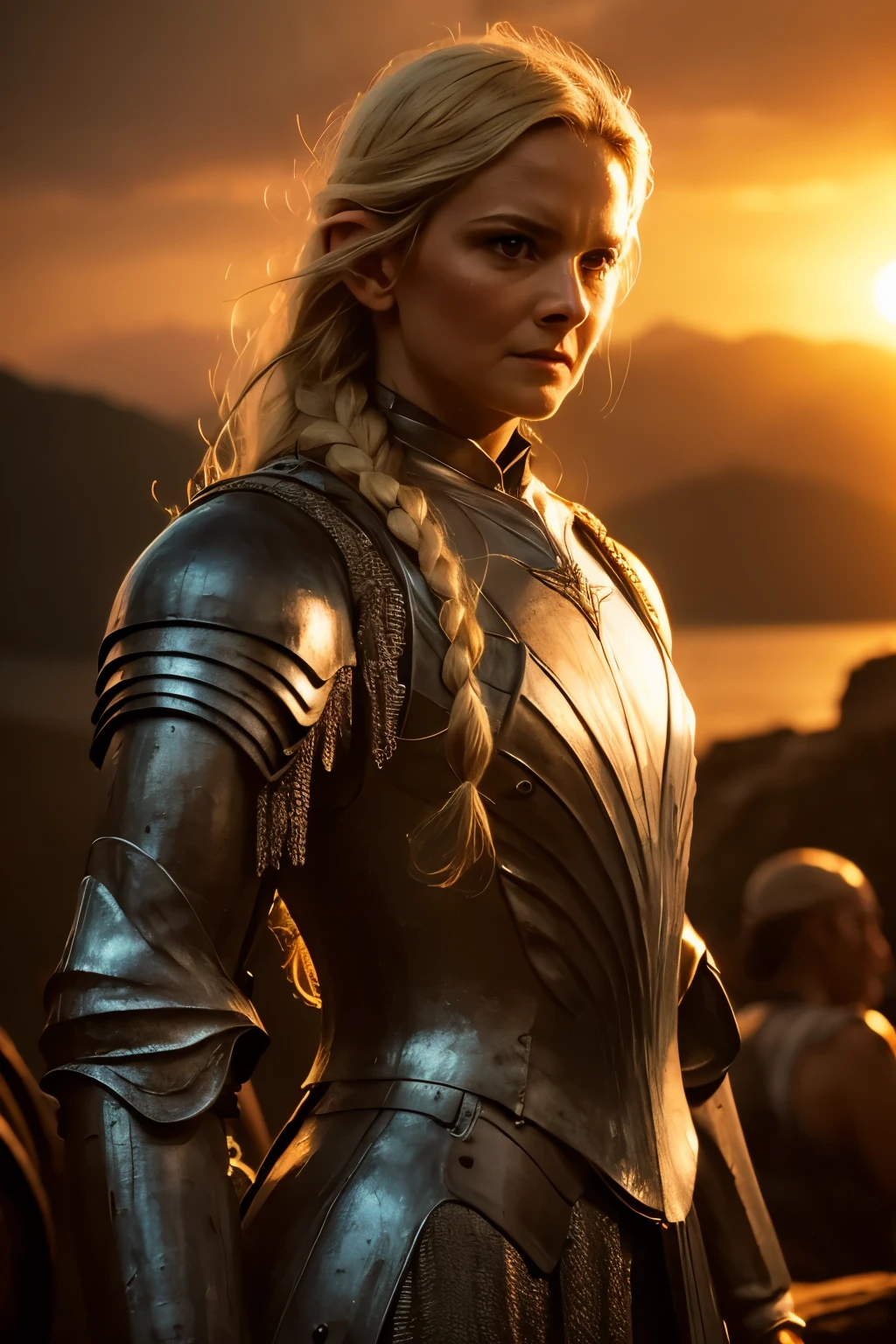 Galadriel, inspired by the series "The Rings of Power", (((L4L4 face))),  in a majestic pose at the center of the scene ,  wearing shimmering armor and elven details,  with its blond hair flowing under a golden light .  The background shows an epic landscape of golden Middle Earth ,  with distant mountains ,  dramatic sky and beams of heavenly light .  Determined expression and intense gaze ,  capturing your strength and wisdom .  Hyper-realistic details on the face and hands ,  metal texture of the highly detailed armor ,  skin illuminated with perfection ,  cinematic atmosphere , epic and glorious . natural light, 35mm photograph, film, professional, 4K, highly detailed, Golden hour lighting. Depth of field F2. Rule of Thirds Composition.
