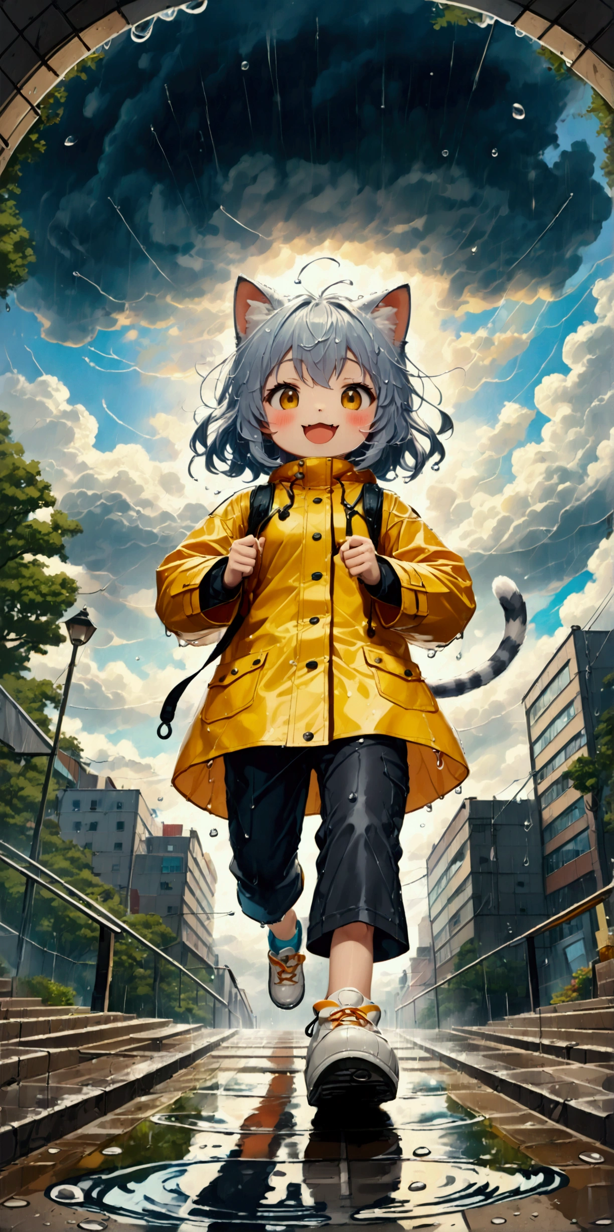 heavy storm,wind,(heavy rain:1.3), (big raindrops:1.4), (rainy sky),(many Circular ripples:1.3) of rain. 1girl/((catgirl:1.3),(furry:1.2),kemono,(chibi:1.2),cat ear,cat eye,cute, kawaii,hair floating, hair shining brightly, curly hair, short hair, messy hair, eye color cosmic, big eyes, (dynamic angle:1.4),(from below:1.4), long shot,short pants,(Walking:1.5) dynamically, (steps:1.3), skipping, (walk heavy steps:1.4),(big smile:1.3),open mouth,fangs,wet hair, wet, cute raincoat,happy,dynamic,in distance,full body,floating\). BREAK .background\(heavy rain, dark sky, beautiful waterdrops, long shot\),(from below:1.7),(ground level shot:1.7),(from directly below:1.7). BREAK .quality\(8k,wallpaper of extremely detailed CG unit, high resolution, top-quality, top-quality real texture skin, hyper realistic, increase the resolution, RAW photos, best quality, highly detailed, the wallpaper, golden ratio, high saturation realism, vibrant colors, dramatic lighting, persuasive storytelling, atmospheric scenery, captivating visuals, intricate details, strong emotions, dreamlike world\),realistic rain, high speed shutter, (fisheye lens), (focus on waterdrops), (landscape of sky:1.5), (dynamic angle:1.3),(long shot),(wide shot)