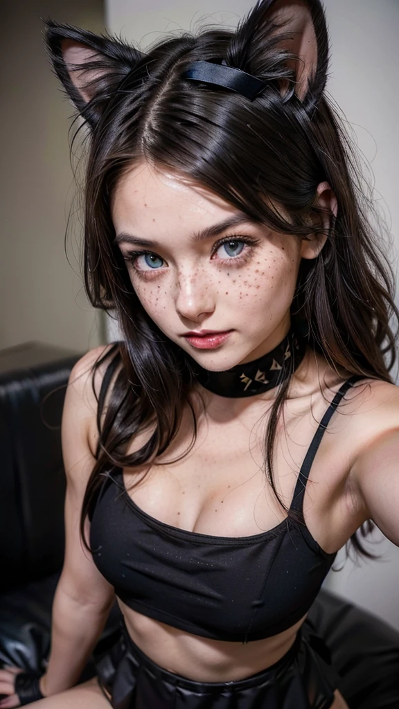 UHD, A beautiful cat-girl with black cat ears, long black hair. Bright gray eyes (Ultra definition on eyes), freckles, (Face Detail:1.3). Her face is extremely cute with a lustful smile. Her body is small, medium breasts. She is wearing a sexy Crop Top in black color, a very short skirt and black stockings.