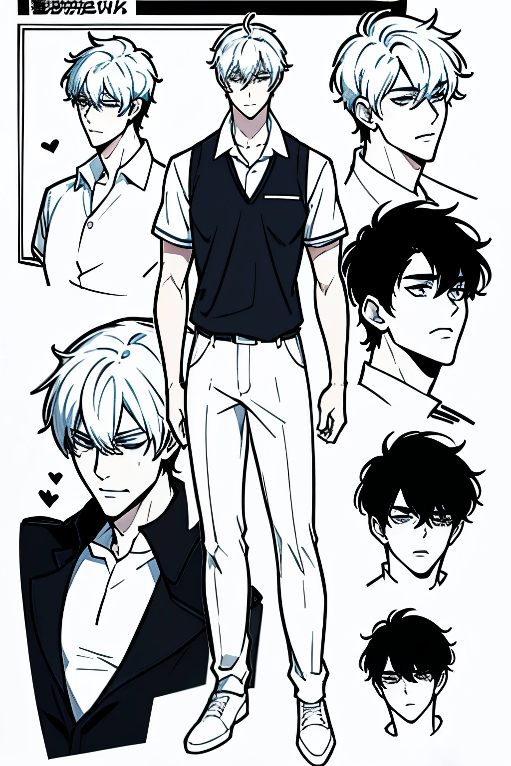 Go Eunhyuk from the Webtoon called Operation True Love, concept art, character concept, handsome main character, white shirt with short sleeves, white polo, black pants, white shoes, ((school uniform)) full body, character sheet