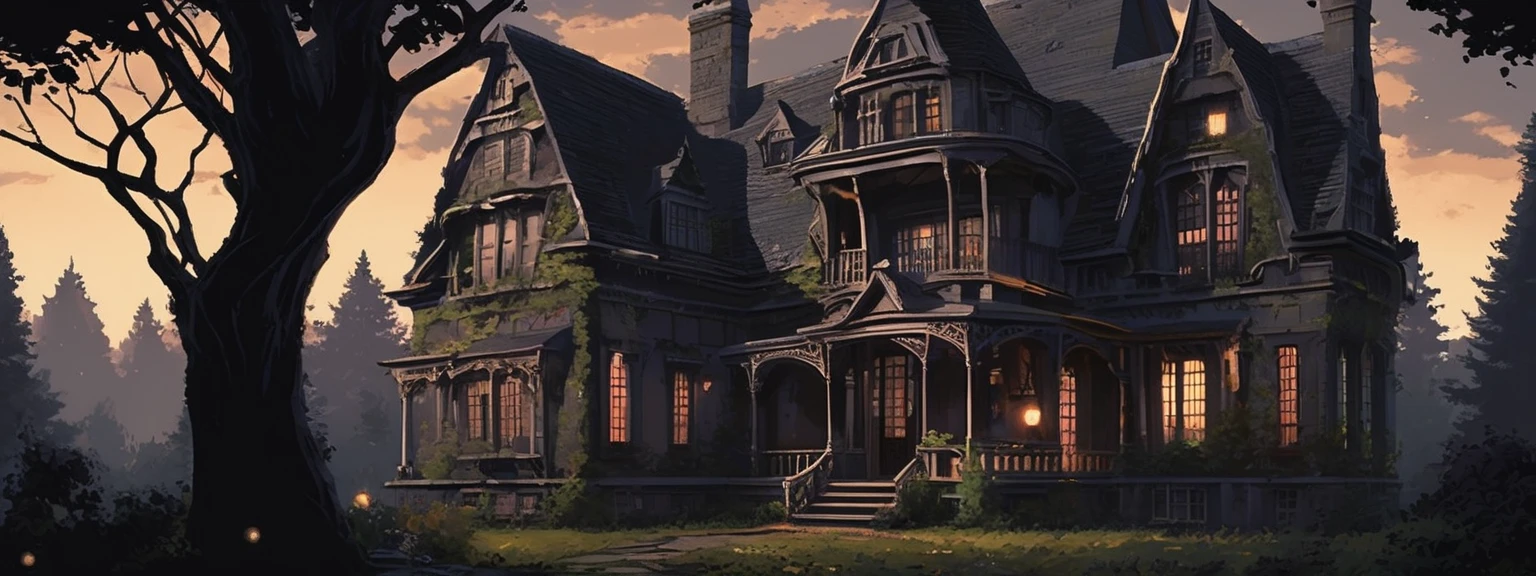 Exterior of an old, elegant homestay at night, in a slightly gothic style. The house is large and historic, with dark, weathered stone walls and subtle, intricate details. The windows glow softly, casting a warm, inviting light that contrasts with the deep shadows of the night. The garden is lush but slightly overgrown, with tall trees and plants, subtly visible under the soft, atmospheric moonlight. The scene is realistic and cinematic, with high detail, capturing a peaceful yet mysterious mood. The lighting is soft and atmospheric, with cool moonlight filtering through the foliage, creating a tranquil, somewhat eerie ambiance. Style: realistic, cinematic, high detail. lcas artstyle