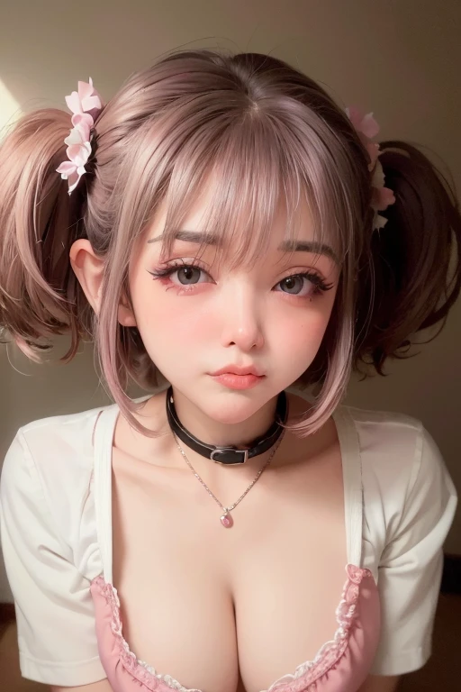  betcast, masterpiece, best quality, 1 girl, detailed beautiful face, ((pink nurse)), bent over, down blouse, smilingshort hair, waved hair, twintail, white hair, nurse uniform with a few buttons unbuttoned, kissing, (((pouting))), (sexy lips), shiny lips, sexy lips,