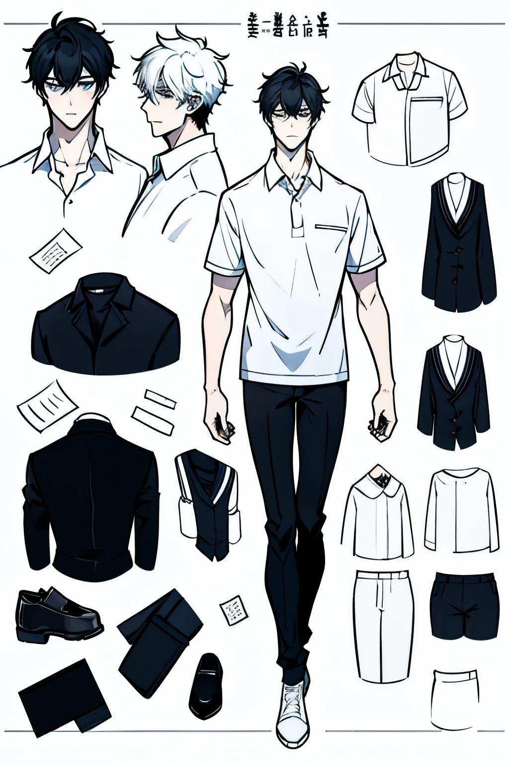 Go Eunhyuk from the Webtoon called Operation True Love, concept art, character concept, handsome main character, white shirt with short sleeves, white polo, black pants, white shoes, ((school uniform)) full body, character sheet