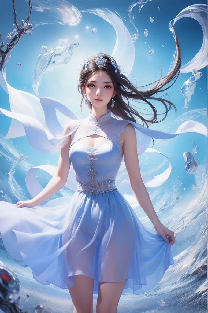 sorceress woman，Conservative attire，With a huge hat，Crane in blue，Wearing blue and red and white princess dresses，Close-up of upper body，Close-up photos，jewelery，Visions of heaven and earth，Magic crystal ball，The background is the Milky Way，solar system
