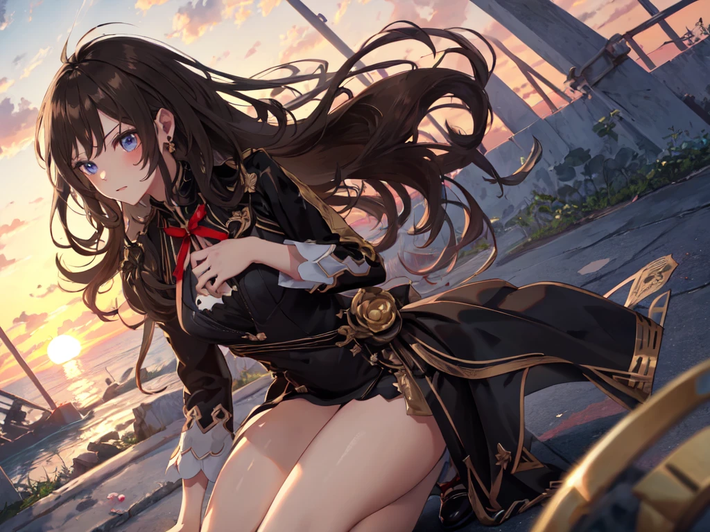 Solo, 1 girl, (human ear, earring), (flat chest), (black hair, vertical rolls, long hair, hair tied in a big red ribbon, flower in bangs), (young face), (kneeling, crouching), (black lace wedding dress), (sunset sky, sunset sun, evening sky), (focus on chest, oblique angle), (high resolution, masterpiece, accurate, anatomically correct, multiple awards, top quality, detailed, high quality model, high quality, quality, retina, highly detailed, textured skin, ultra high resolution).