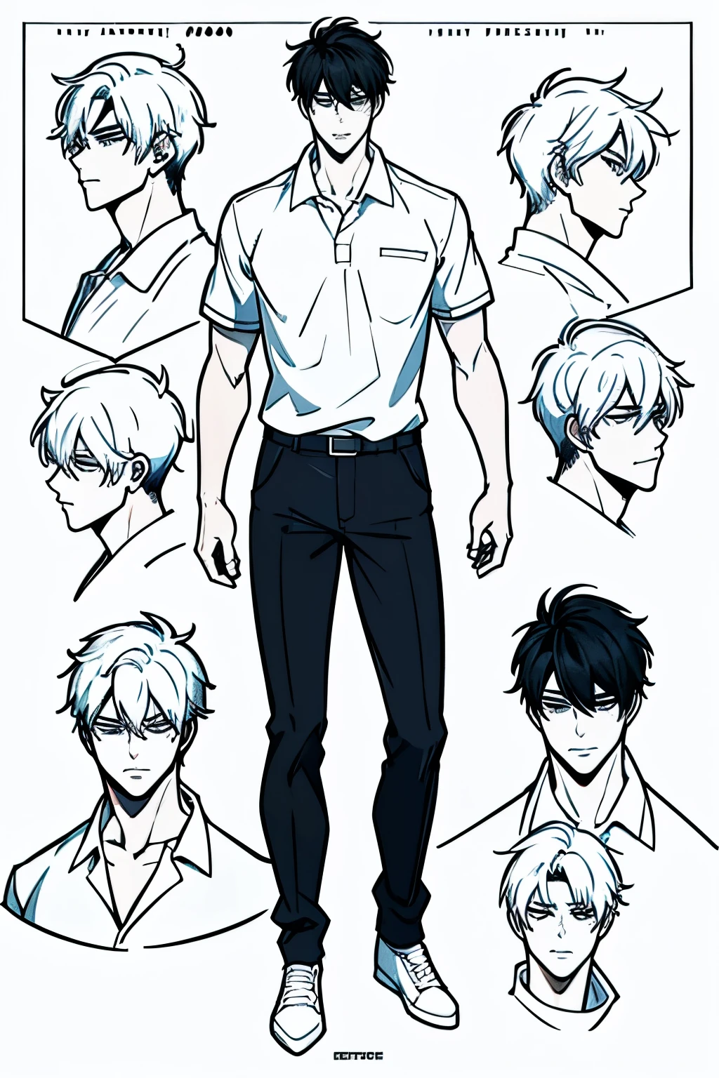 Go Eunhyuk from the Webtoon called Operation True Love, concept art, character concept, handsome main character, white shirt with short sleeves, white polo, black pants, white shoes, ((school uniform)) full body, character sheet