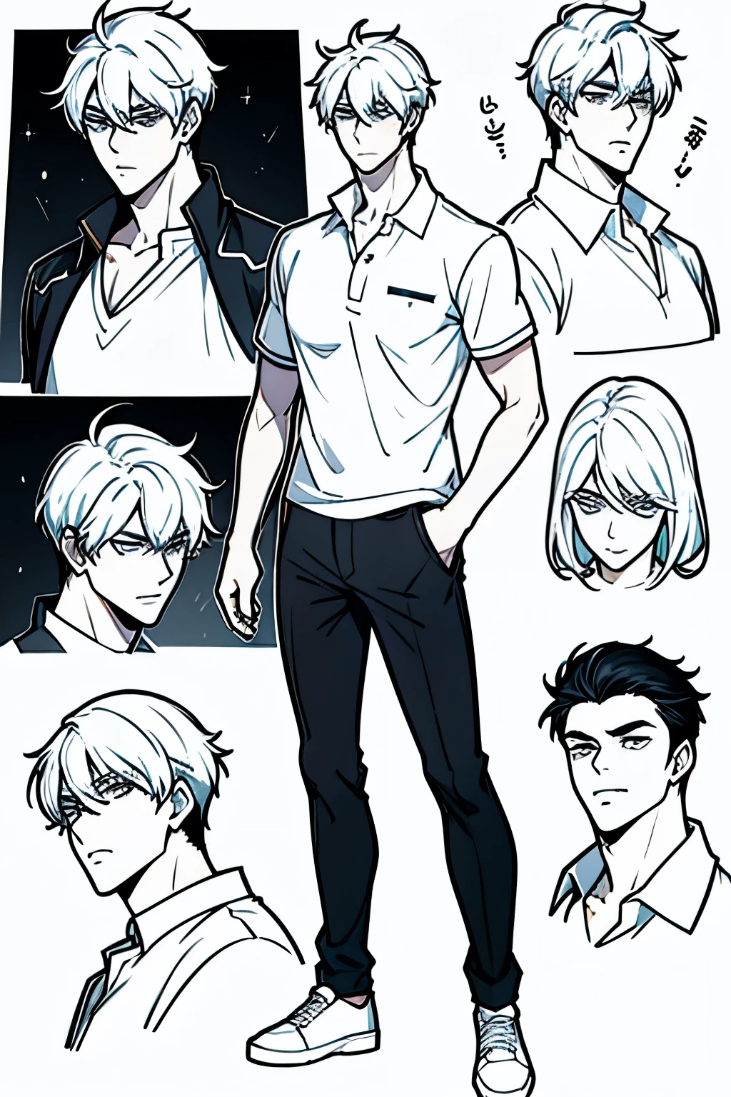 Go Eunhyuk from the Webtoon called Operation True Love, concept art, character concept, handsome main character, white shirt with short sleeves, white polo, black pants, white shoes, ((school uniform)) full body, character sheet