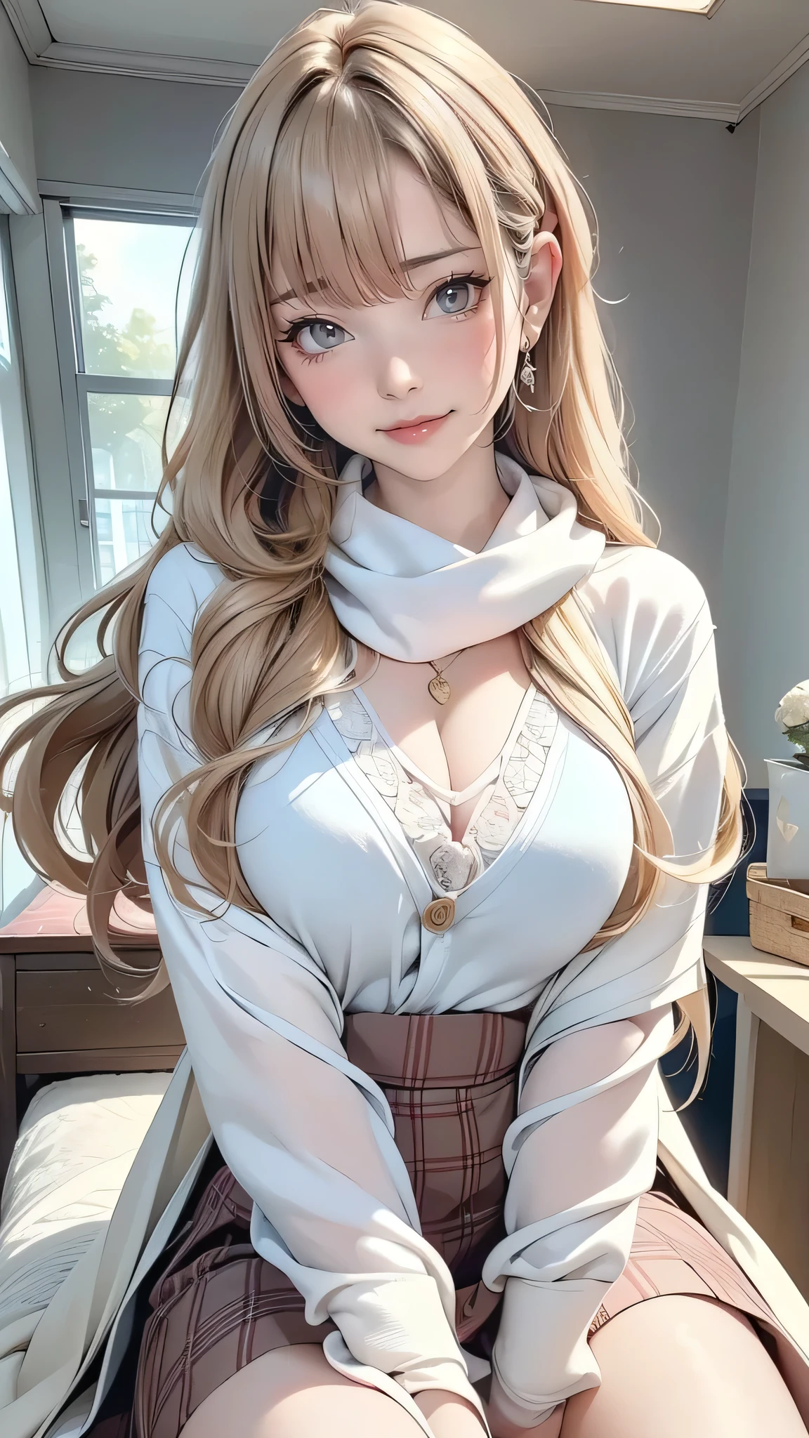 Anime - style image of a woman with long blonde hair and a white blouse ...