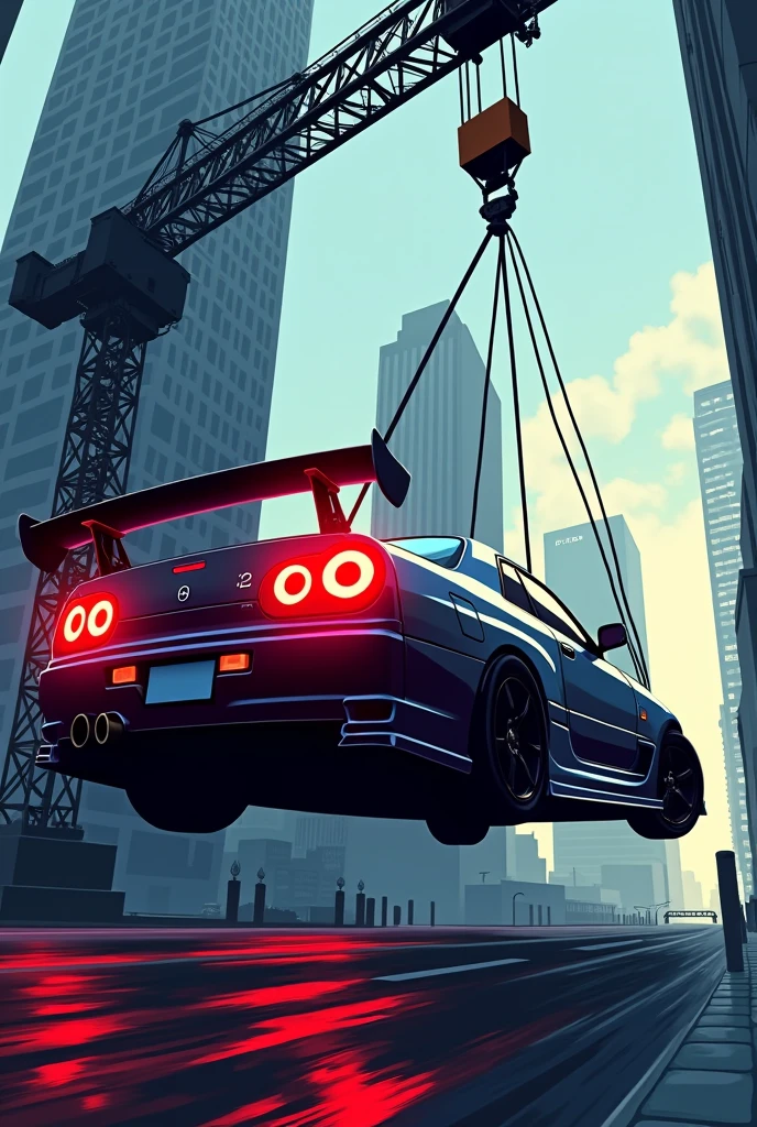 Create a logo showing a city crane carrying a Nissan Skyline GTR 32 with the rear lights on and with the legend GRUAS 4C in the patent
