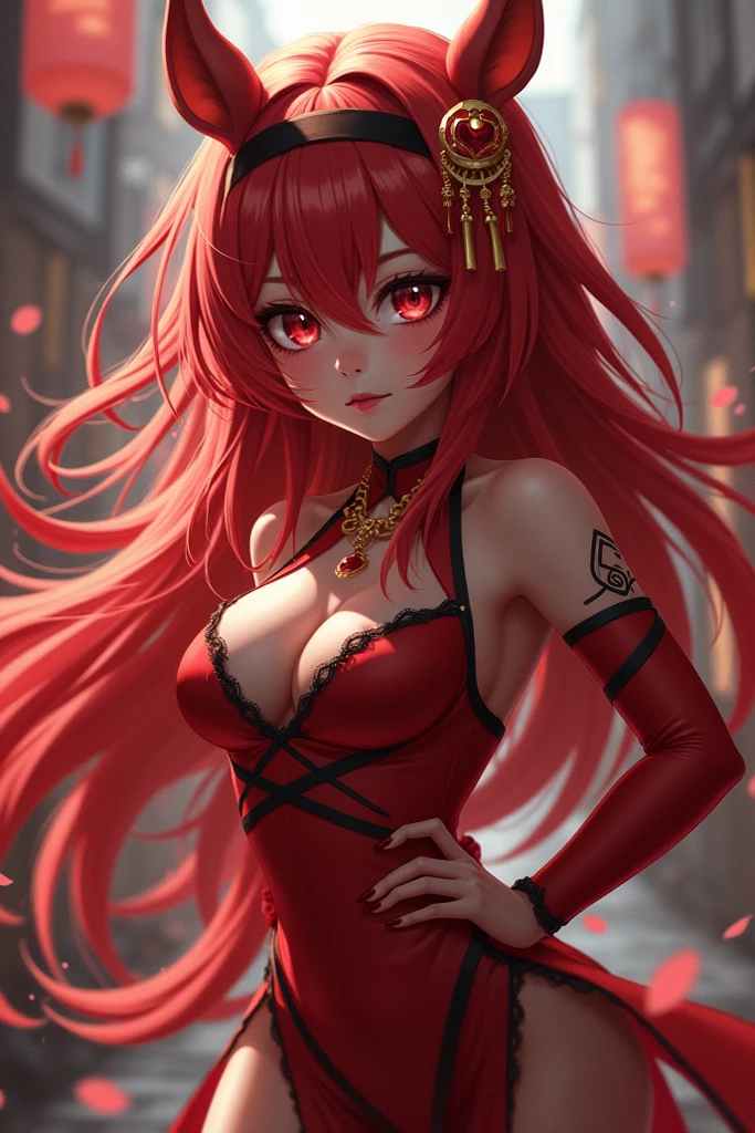 Anime Japanese female Shrine maiden Red hair Low ponytail Blue eyes Scarlet shirt Transparent skirt Large breasts Big buttocks