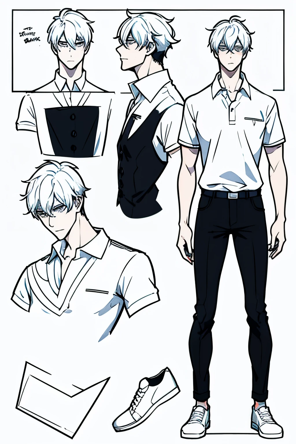 Go Eunhyuk from the Webtoon called Operation True Love, concept art, character concept, handsome main character, white shirt with short sleeves, white polo, black pants, white shoes, ((school uniform)) full body, character sheet