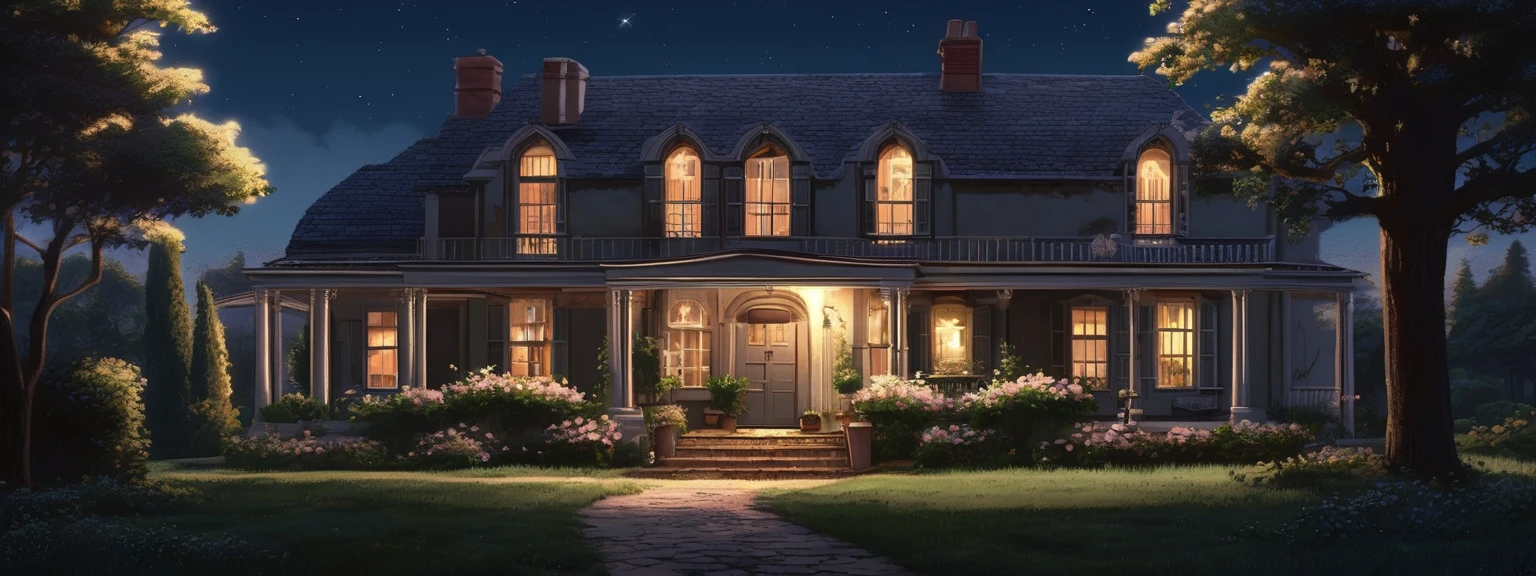 Exterior of an old, elegant homestay at midnight, with a touch of vintage charm. The house is large and historic, made of weathered stone with delicate, timeless details. The windows glow gently, casting a soft, inviting light against the dark, clear night sky. The garden is peaceful and well-kept, with tall trees, manicured hedges, and flowers softly visible under the cool, serene light of the moon. The scene is realistic and cinematic, with high detail, capturing a quiet, tranquil atmosphere. The lighting is soft and atmospheric, with the moon high above, casting a gentle, cool glow over the surroundings. Style: realistic, cinematic, high detail. lcas artstyle