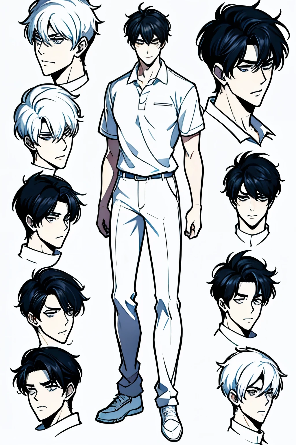 Go Eunhyuk from the Webtoon called Operation True Love, concept art, character concept, handsome main character, white shirt with short sleeves, white polo, black pants, white shoes, ((school uniform)) full body, character sheet