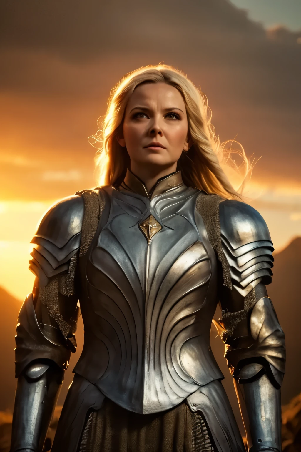 Galadriel, inspired by the series "The Rings of Power", (((L4L4 face))),  in a majestic pose at the center of the scene ,  wearing shimmering armor and elven details,  with its blond hair flowing under a golden light .  The background shows an epic landscape of golden Middle Earth ,  with distant mountains ,  dramatic sky and beams of heavenly light .  Determined expression and intense gaze ,  capturing your strength and wisdom .  Hyper-realistic details on the face and hands ,  metal texture of the highly detailed armor ,  skin illuminated with perfection ,  cinematic atmosphere , epic and glorious . natural light, 35mm photograph, film, professional, 4K, highly detailed, Golden hour lighting. Depth of field F2. Rule of Thirds Composition.
