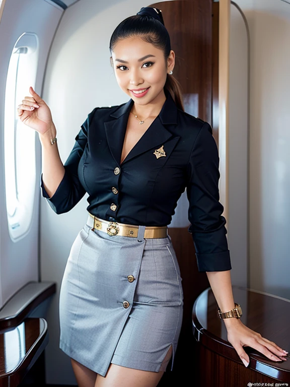 (Thai-American women),(highponytail:1.3),(Flight attendant Uniform:1.5),(short skirt),
(slim waist:1.4),(smile:1.3),(cowboy shot:1.5),huge breasts,