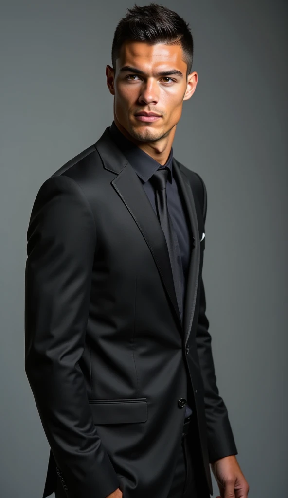 Ronaldo in a sleek black suit, standing upright, looking directly into the camera with a neutral or confident expression. Well-lit studio background, even lighting, high-resolution focus on the face, symmetrical pose, no obstructions like glasses or hair covering the face, and minimal distractions in the background. Perfect for a face swap input.