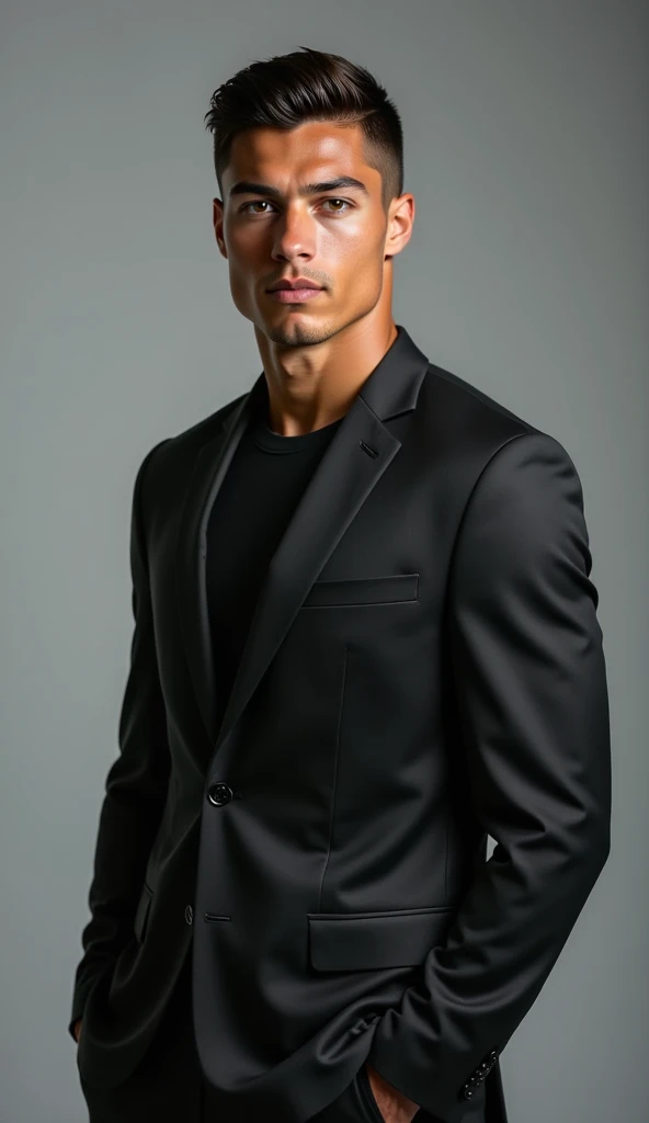 Ronaldo in a sleek black suit, standing upright, looking directly into the camera with a neutral or confident expression. Well-lit studio background, even lighting, high-resolution focus on the face, symmetrical pose, no obstructions like glasses or hair covering the face, and minimal distractions in the background. Perfect for a face swap input.