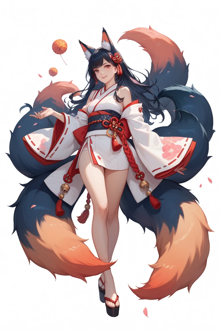 Plump and large breasts ((Cleavage is so tempting)), (furry tail), Masterpiece Top Quality 1 Girl with Yellow Eyes and White Long Hair and Big Breasts (ahri) Black hair permanent nine tail smile natural, hair adornments, Animal ear, blue, Best quality at best, 1 plump girl, inksahli, Multi-tailed, fox tails, split tail, nine furry tails, seduct smile, ((Blank background))