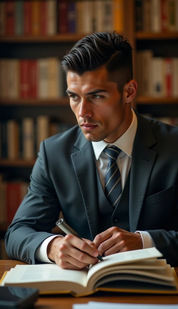 Ronaldo in a suit, small head, extremely detailed skin, reading at the library, books stacked around him, blurred background.