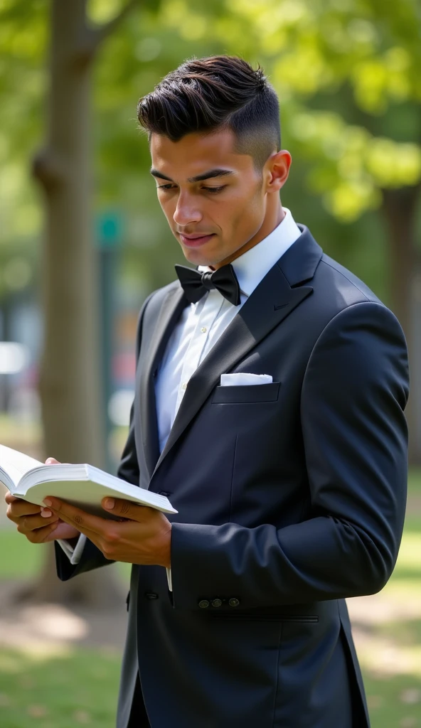 Ronaldo in a suit, small head, extremely detailed skin, reading at the park, blurred background.