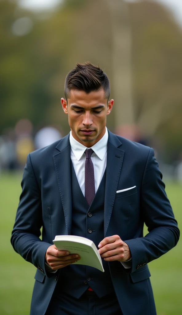 Ronaldo in a suit, small head, extremely detailed skin, reading at the park, blurred background.