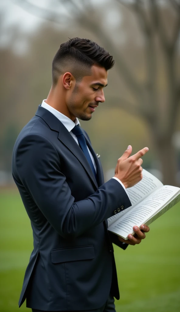 Ronaldo in a suit, small head, extremely detailed skin, reading at the park, blurred background.