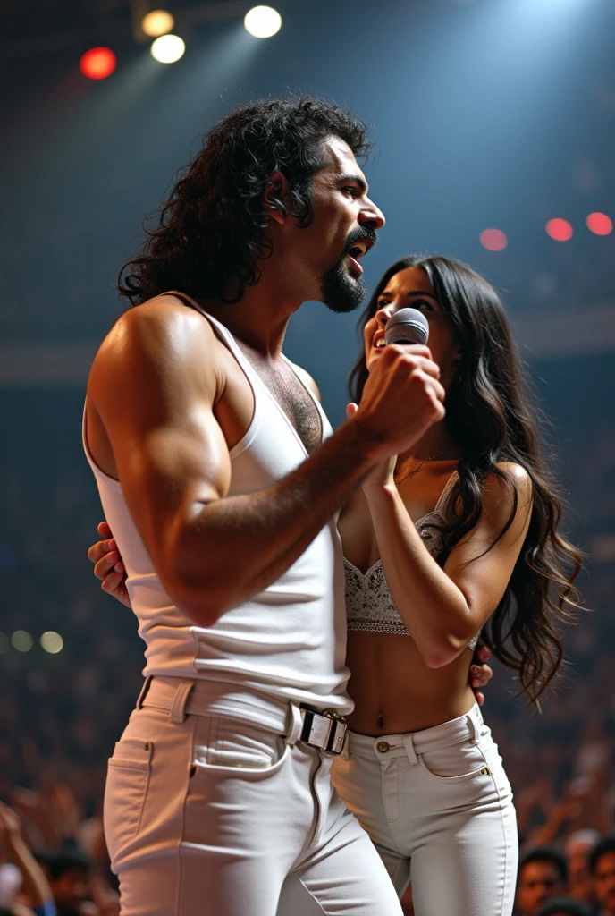 two people in the photo. full body, muscular core style; Handsome man, bald, pale skin, very tall (6.0 feet) and very muscular; large and defined pectorals, large shoulders, biceps and large forearm, wide back, muscular legs, sensual appearance, pale skin, his clothing is a dark brown leather jacket, black shirt and long ripped jeans and he stands next to a voluptuous woman who has a slender body, fake big breast, long straight hair, pale and soft skin, thin waist and wide hips that she wears with a short shirt whose navel is visible. and miniskirt, long straight black hair, very large fake breasts. Both are behind a stage where there are large speakers and musical instruments and the work equipment present in the background of the image. The man is taller and bigger than the woman